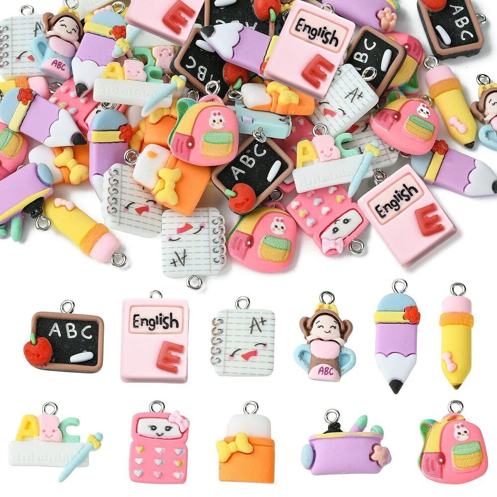 3723 55 Pcs 11 Styles Study Theme Opaque Resin Charms Learning Book Pencil